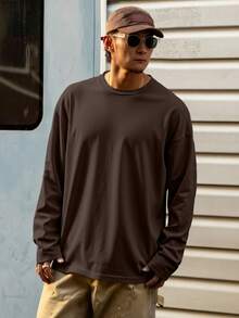 DAZY 男士休闲百搭圆领棕色T恤，秋季款