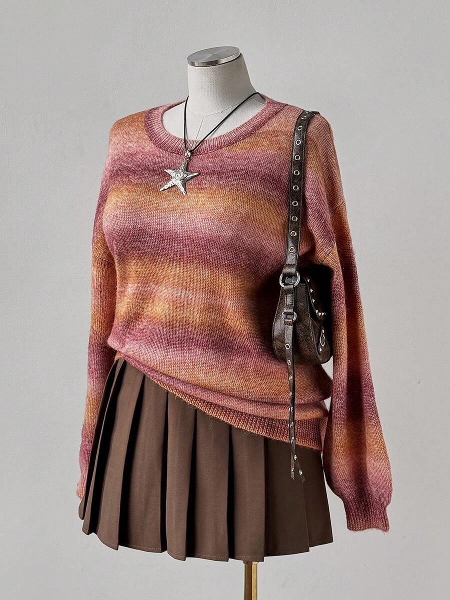 Sunspun Plus Size Women Ombre Striped Long Sleeve Pullover Sweater, Street Fashion, Autumn/Winter - Orange - View 1