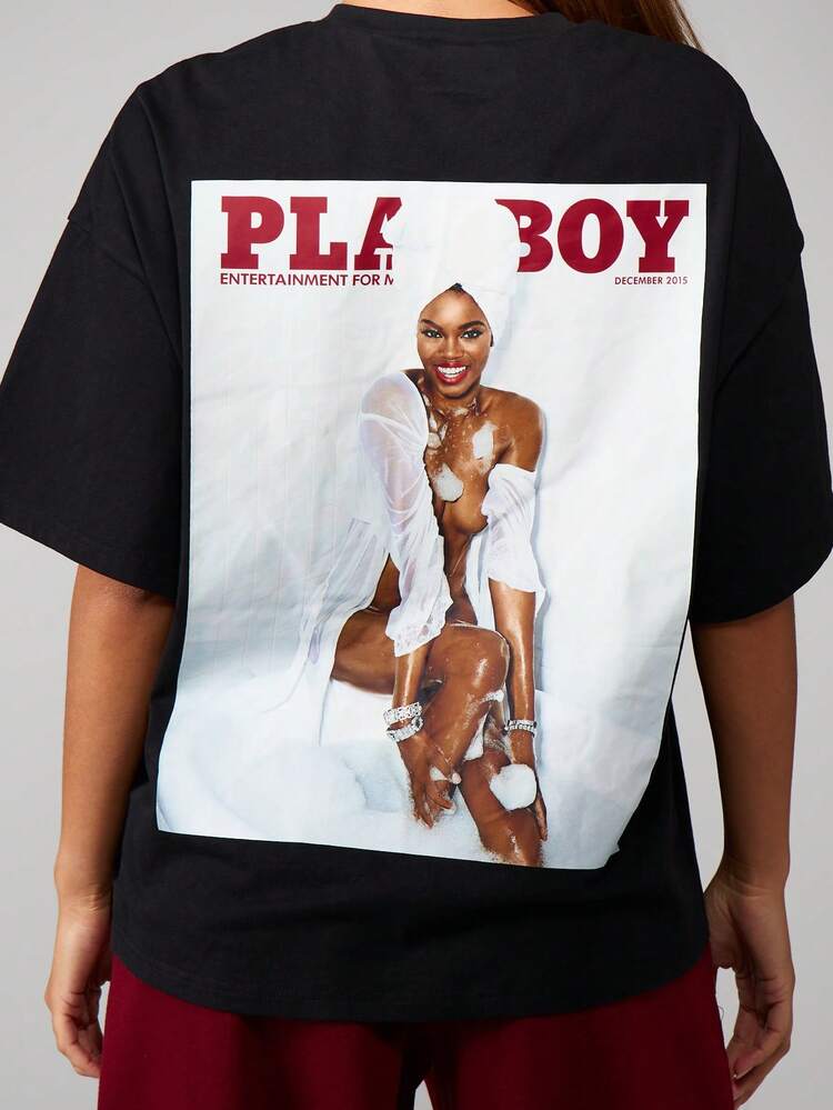 Missguided x Playboy Camiseta gráfica con cuello redondo y mangas cortas con estampado de revista oversize para un estilo casual de streetwear