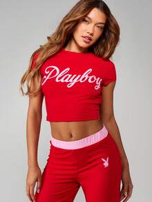 Missguided x Playboy Conjunto de pijama con top corto y pantalón de pierna ancha con detalle de cintura rosa - Multicolor - Ver 3