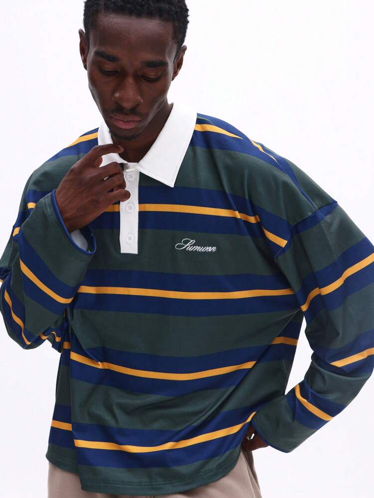 SUMWON Herren Langarm gestreiftes Rugby Poloshirt mit weißem Kragen und Knopfleiste, klassisch-Lässig für Herbst und Winter