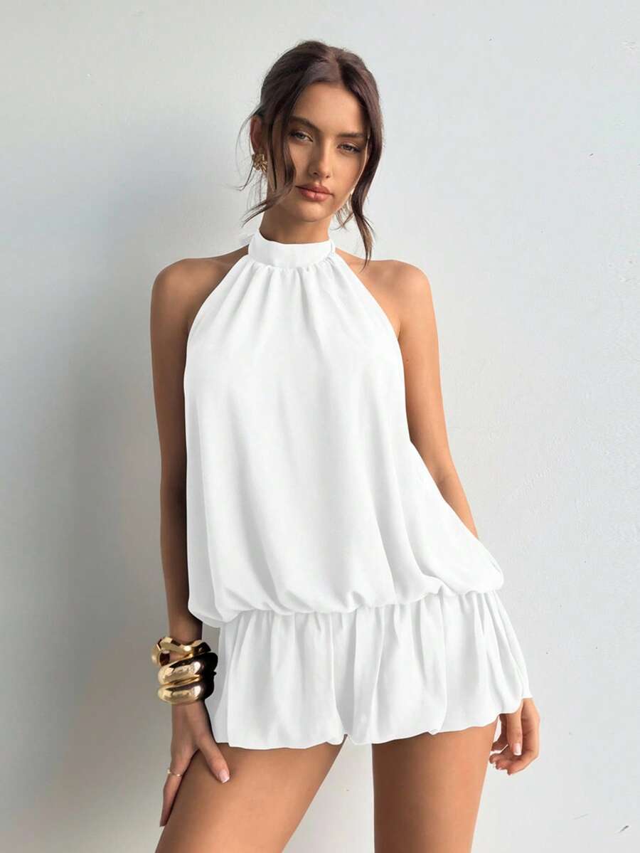 Aloruh Sexy Solid Color Backless Halter Ruffle Hem Mini Dress, Summer - White - View 1