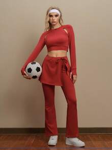 SHEIN Unity 女士休闲拉链镂空设计长袖运动T恤 - 紅色 - 查看 3