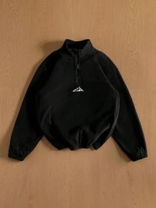 TOKVUE 男士宽松羊毛运动衫，山峰刺绣，半拉链设计，秋冬适用 - 黑色 - 查看 1