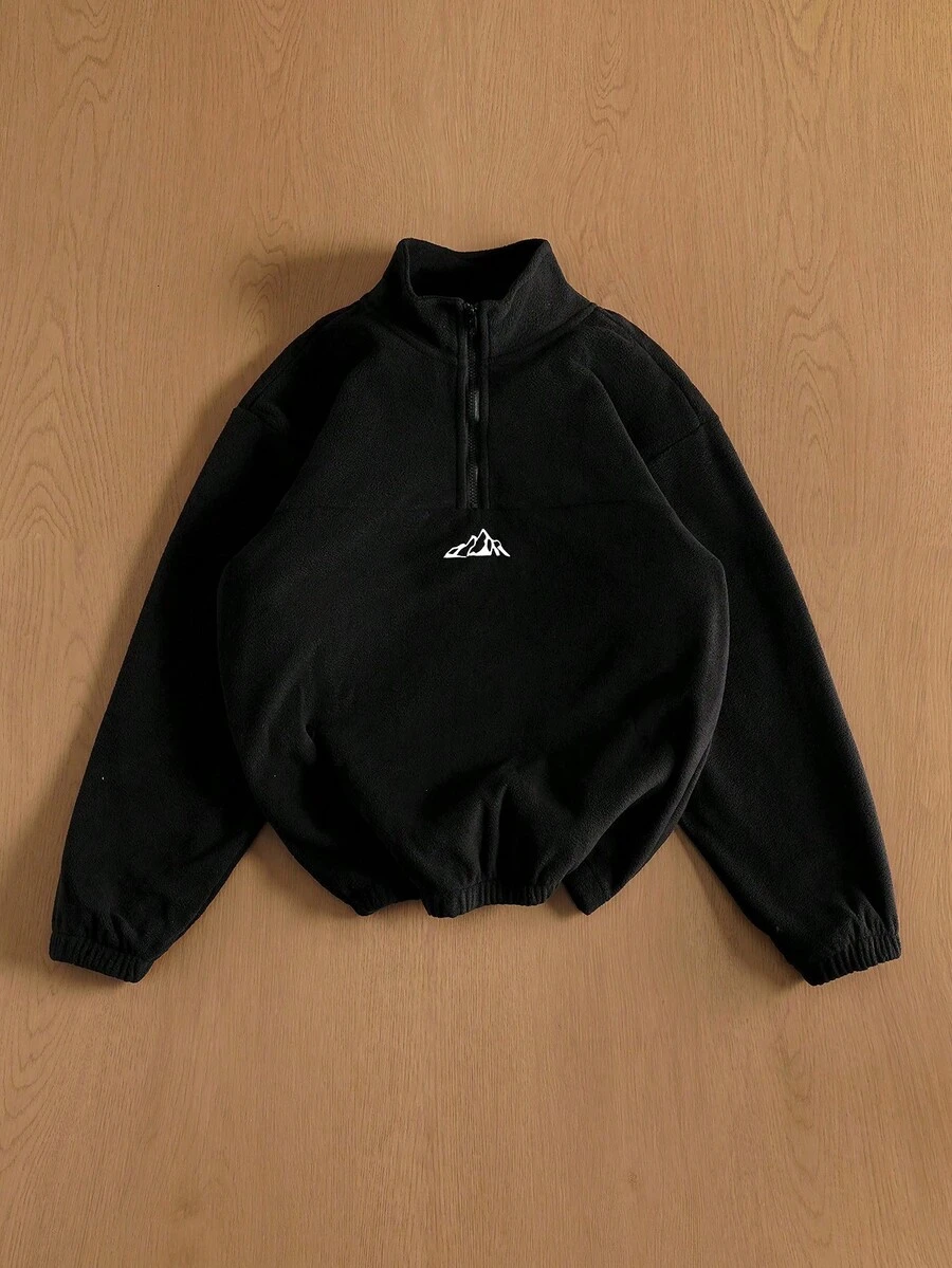 TOKVUE 男士宽松羊毛运动衫，山峰刺绣，半拉链设计，秋冬适用 - 黑色 - 查看 1