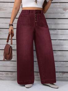 EMERY ROSE Plus Size Women Casual Versatile Wide Leg Button Pocket Jeans - Burgundy - View 7