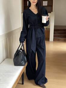 DAZY Women's V-Neck Long Sleeve Knotted Waist Denim Top And Jeans Casual Outfit - Blue - View 6