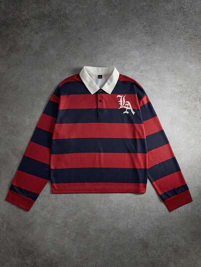 Manfinity Sporsity Men's Casual Colorblock Striped Long Sleeve Polo Shirt, Autumn