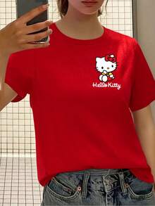 HELLO KITTY AND FRIENDS | SHEIN Áo thun nữ tay ngắn cổ tròn in họa tiết hoạt hình màu đỏ thoải mái, phù hợp cho mùa hè - Đỏ - Xem 6