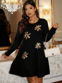 EMERY ROSE Robe pull en tricot élégante et décontractée pour femmes grandes tailles, de couleur unie avec col rond, broderie de sequins. Convient pour Noël, Halloween, la rentrée, les vacances romantiques et le bureau - Noir - Voir 5