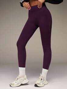 SHEIN BAE 无缝高弹力瑜伽运动紧身裤，带网眼面料 - 中紫紅色 - 查看 6