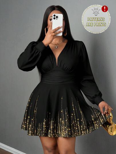 Slaydiva Plus Size Shiny Print Waist Cinched Casual Dress/Christmas Dress Plus Size Black Elegant Dress Slay Diva Dress Curve Birthday Outfit New Arrivals Plus Size Plus Size Club Dress