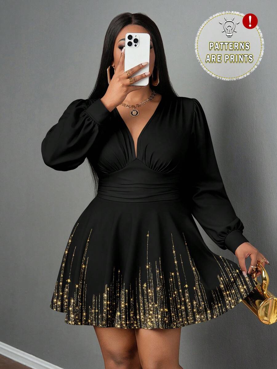 Slaydiva 大码亮面印花收腰休闲连衣裙 - 彩色 - 查看 1