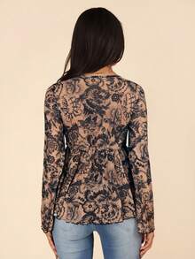 Coeurva Women's Vacation Floral Print Tie Front Bell Sleeve Blouse - Khaki - View 3