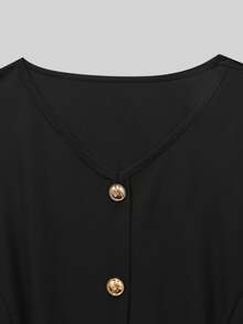 SHEIN Clasi Đầm chữ A thanh lịch, đơn giản, cổ chữ V, màu đen trơn, tay dài màu mơ, dành cho nữ, cỡ lớn, thu/đông - trắng - Xem 3