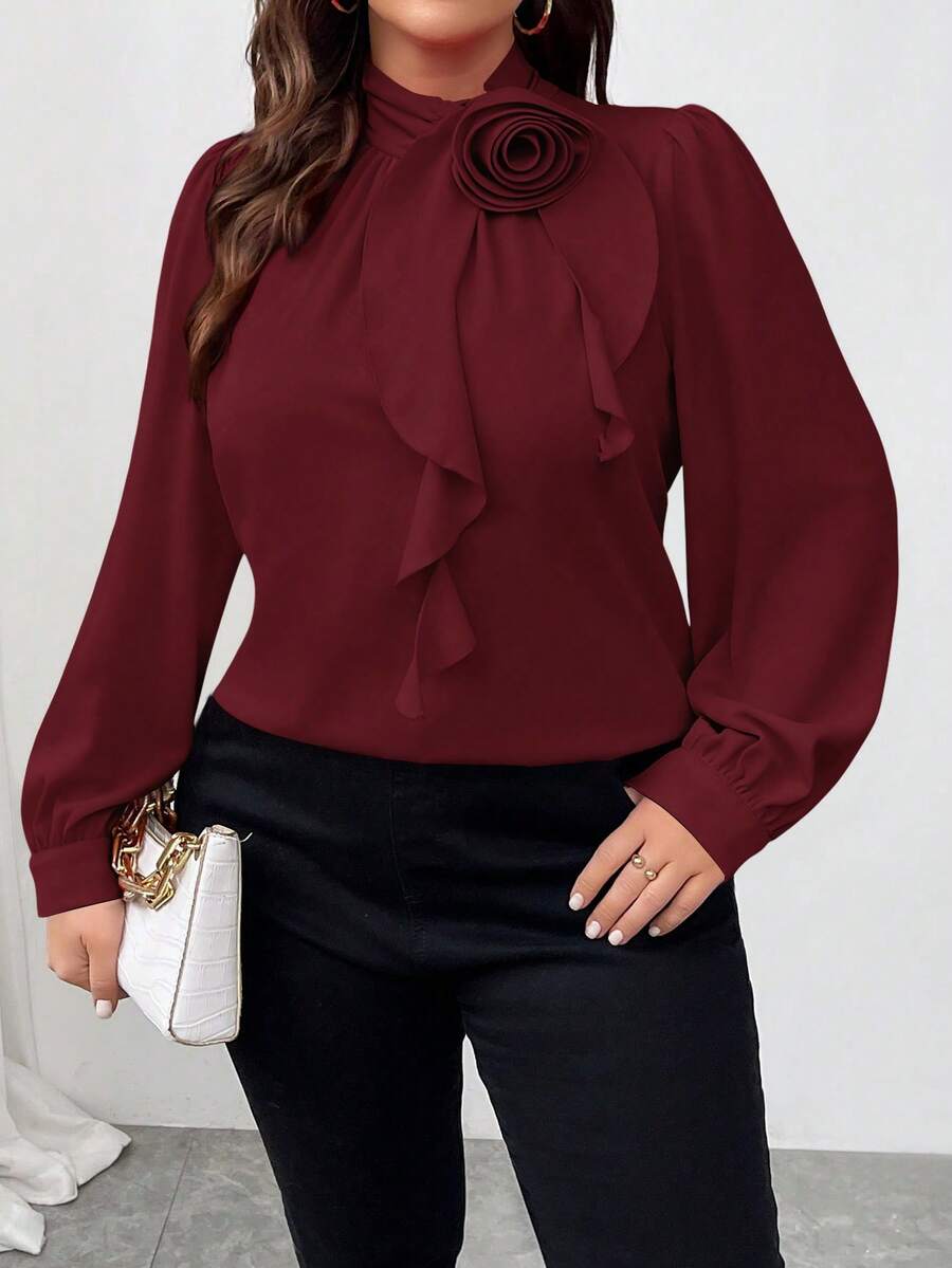SHEIN Women Plus Size Elegant 3D Floral Decorated Ruffle Collar Blouse, Autumn For New Year Clothes,Valentine - Burgundy - View 1
