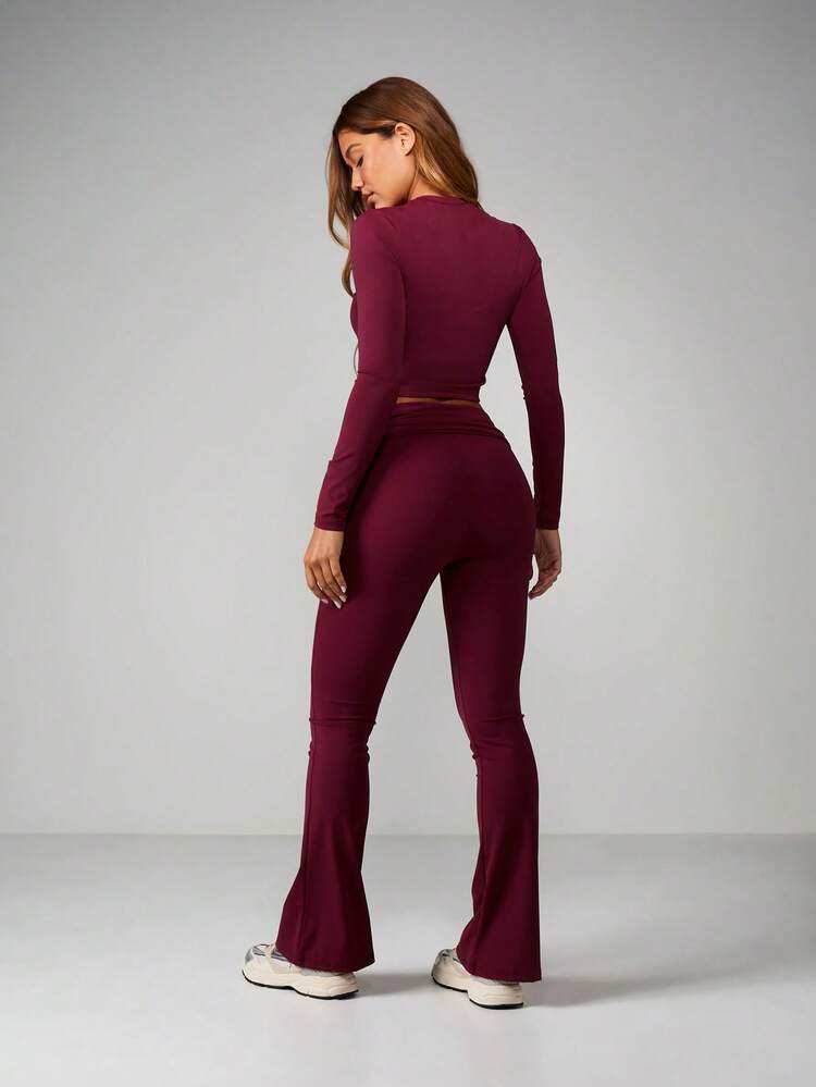 Missguided x Playboy Burgundy Long Sleeve Crop Top And Flare Pant Co-Ord Set With Bunny Logo Print Two Piece Lounge Outfit