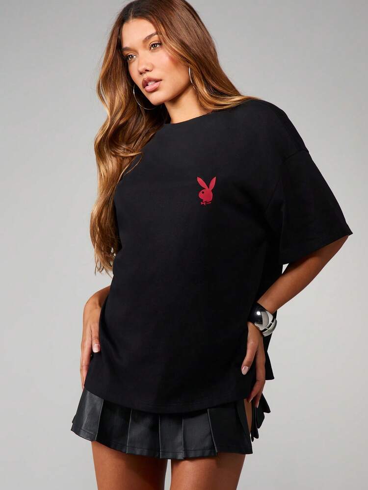 Missguided x Playboy Oversized Magazine Print Short Sleeve Crew Neck Cotton T-Shirt With Full Back Graphic For Casual Everyday Wear