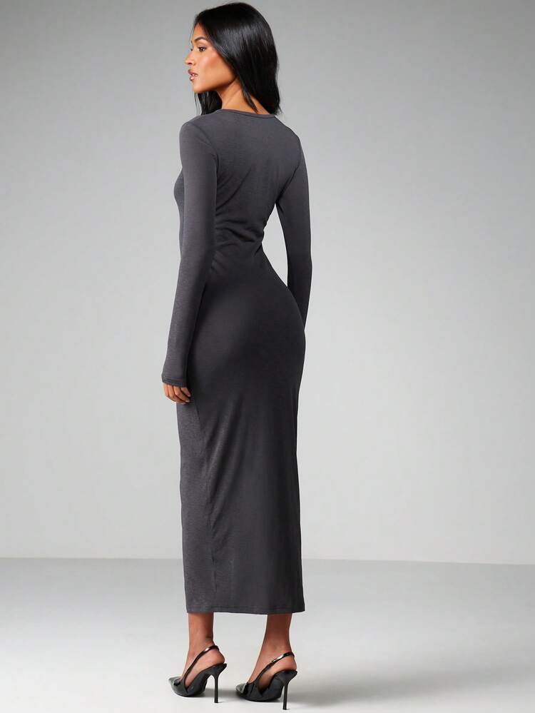 MISSGUIDED Vestido largo de manga larga con cuello redondo, transparente y de largo maxivestido con detalle de etiqueta de marca para ocasiones de fiesta casual por la noche