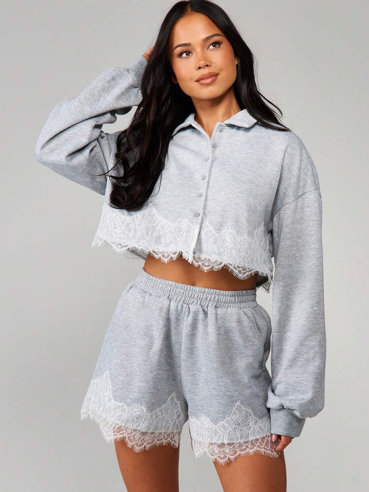 MISSGUIDED High Waisted Brushed Shorts With Delicate White Lace Trim Elastic Waistband Comfortable Lounge Sleep Pajama Bottoms