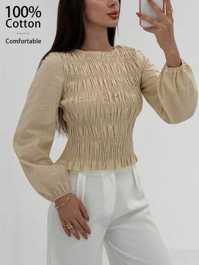 Aloruh Business Casual Female Teacher Suits Women Back To School Autumn Women's Clothing Women's Solid Color Cotton Ruffle Long Sleeve Fashion Round Neck Shirt, Women's Winter Spring Daily Wear