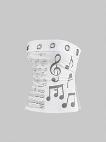 ROMWE Grunge Punk SummergraphicwhiteY2K Subculture Tight Fit Musical Note Print Metallic Eyelet Hem Slit Design Women Bandeau Top - White - View 1