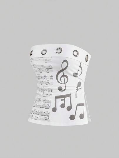 Grunge Punk Top a fascia da donna con stampa di note musicali, design con occhielli metallici e spacchi, aderente, in stile Y2K