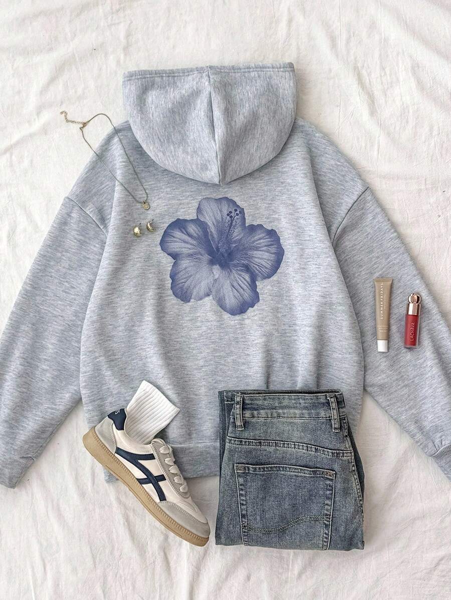 SHEIN 青少年女孩灰色休闲连帽运动衫，带口袋，十字设计，百搭长袖套头衫，秋冬装 FoGirlen - 灰色 - 查看 1