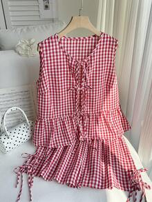 Comfortcana Bộ 2 món áo kẻ caro đỏ trắng mùa hè cỡ lớn thắt nơ 3 chiếc và quần short - Đỏ và trắng - Xem 3