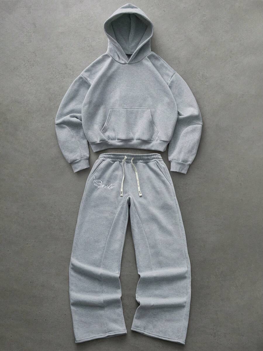 PAVTROS 男士弹力纯色街头风灰色保暖运动套装，男士运动服，男士两件套运动服，秋冬服装 - 淺灰色 - 查看 1