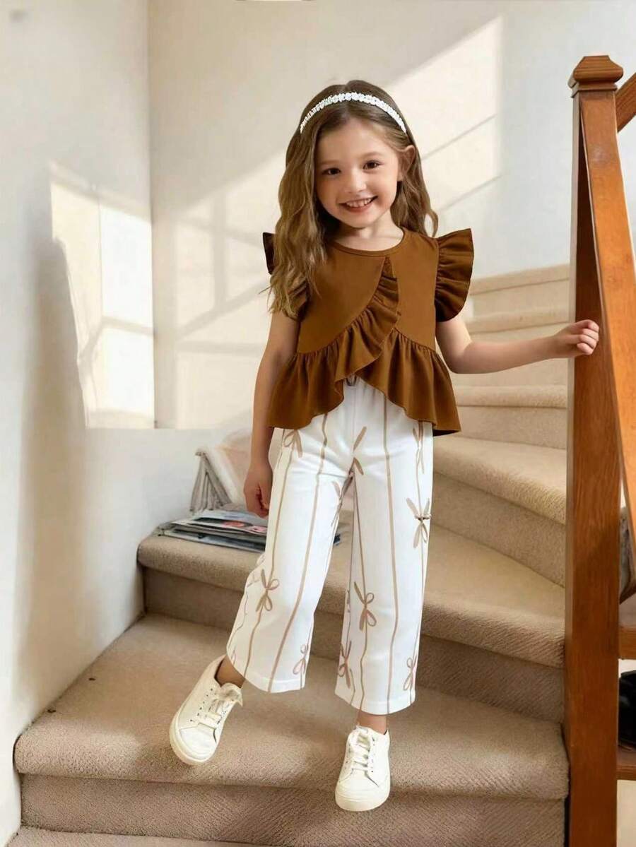 Elladie kids 女童可爱荷叶边不对称下摆蝴蝶结印花休闲裤套装