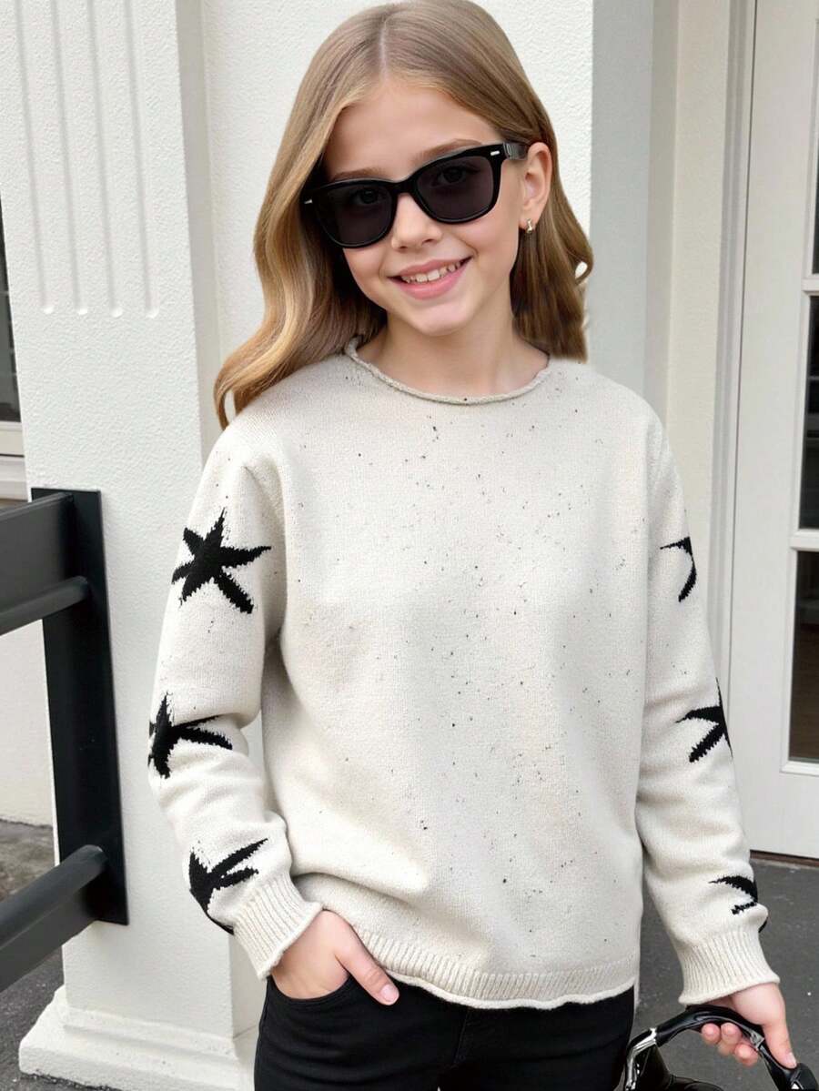 Girls' Round Neck Long Sleeve Dotted Mohair Sweater With Black Star Pattern, Suitable For Vacation, Holiday, And Party Wear Star Sweatshirt Star Top Sweater Star Print Star Print Sweater - Beige - View 1