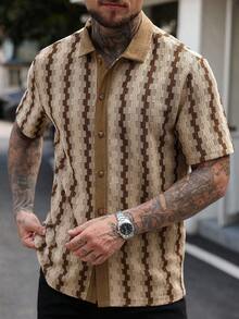 SLATEMANN Men's Contrast Color Patchwork Collar Button Front Casual Summer Shirt Jackpot - Khaki - View 4