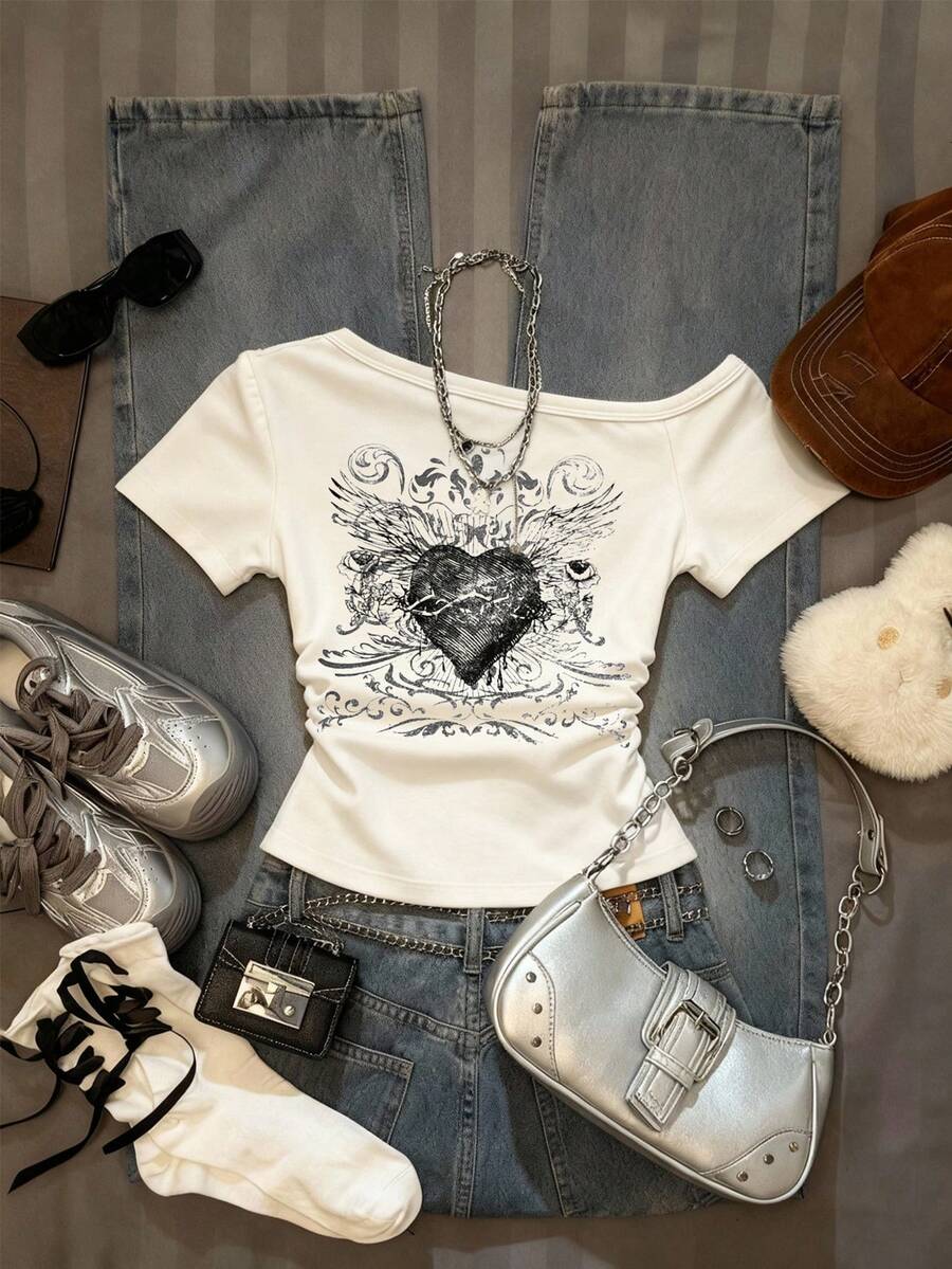 Glimmora 女士休闲不对称领短袖T恤 - 白色 - 查看 1