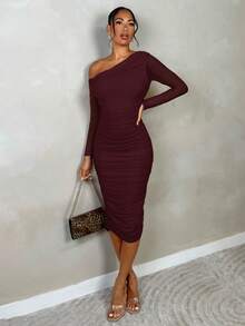 SHEIN BAE 女士秋季褶皱网纱优雅约会/派对修身长袖中长连衣裙 - 紫紅色 - 查看 3