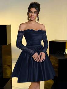 Lovelzi 优雅奢华黑色露肩薄纱长袖蕾丝拼接缎面褶皱长裙，适合婚礼、派对、度假、舞会、短款正式礼服（厚实耐用） - 藏蓝色 - 查看 7