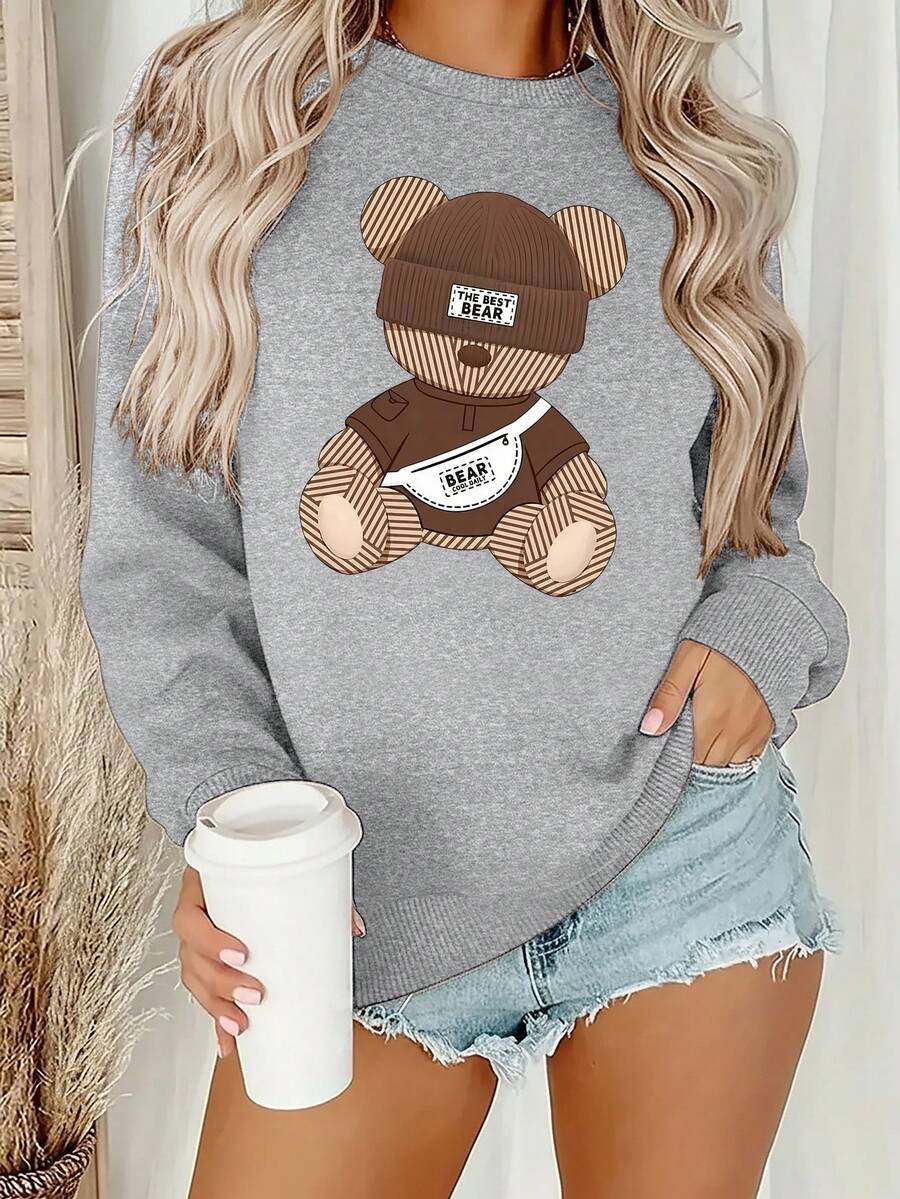 EMERY ROSE Áo nỉ dài tay họa tiết hoạt hình dáng rộng rãi, thoải mái khi đi làm hàng ngày, thu/đông dành cho nữ - Xám - Xem 1