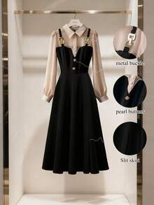 GlowEve CURVE 大码女式透视撞色翻领系腰长袖优雅百搭中长连衣裙 - 杏色 - 查看 8