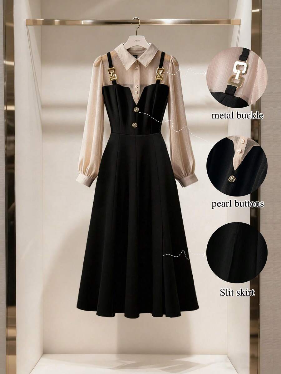 GlowEve CURVE Plus-Size Women's Color-Blocked Sheer Tulle Dress With Metal Buckles At The Shoulders, Fitted Waist, Long Sleeves, Elegant And Versatile Maxi Dress - Apricot - View 1