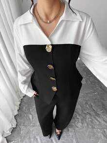 SHEIN Elenzya Plus Size Elegant Commuter Color Block Shirt & Pants 2 Pieces Set - Multicolor - View 8
