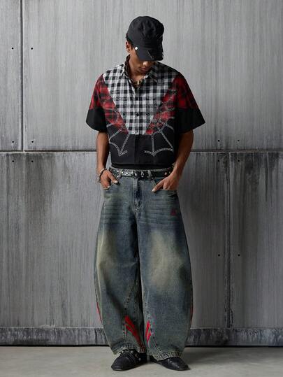 NEON BLANC Men's Casual Washed Red Webbing Curved Leg Denim Jeans Men Wide Leg Jean Drip Jeans