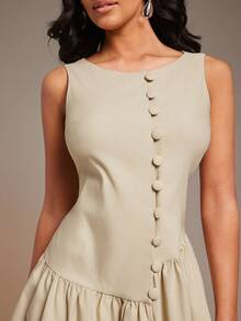 L'Amorae Casual Commute Minimalist Solid Color Sleeveless Women Mini Dress - Apricot - View 5