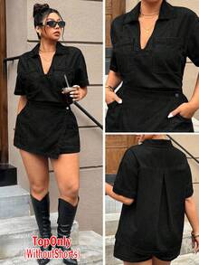 SHEIN ICON 夏季大码纯色交叉裹身短袖休闲牛仔夹克 - 黑色 - 查看 1