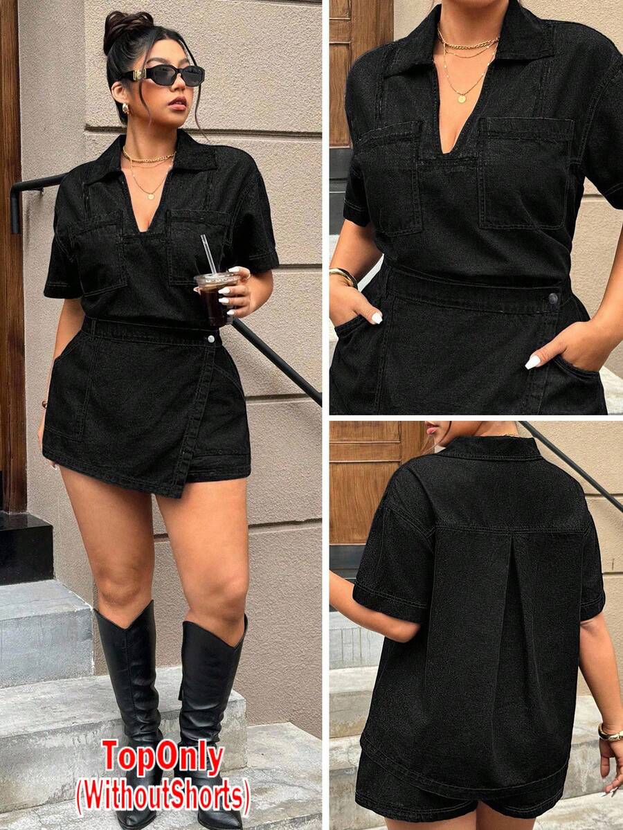 SHEIN ICON 夏季大码纯色交叉裹身短袖休闲牛仔夹克 - 黑色 - 查看 1