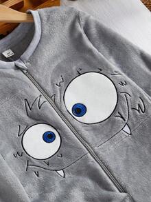幼儿及大童怪兽图案抓绒连帽连体衣，趣味可爱图案，保暖冬季亲子装 - 深灰色 - 查看 4