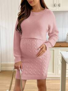 SHEIN Conjunto de vestido de punto de unicolor casual de maternidad, otoño/invierno - Rosa vieja - Ver 3