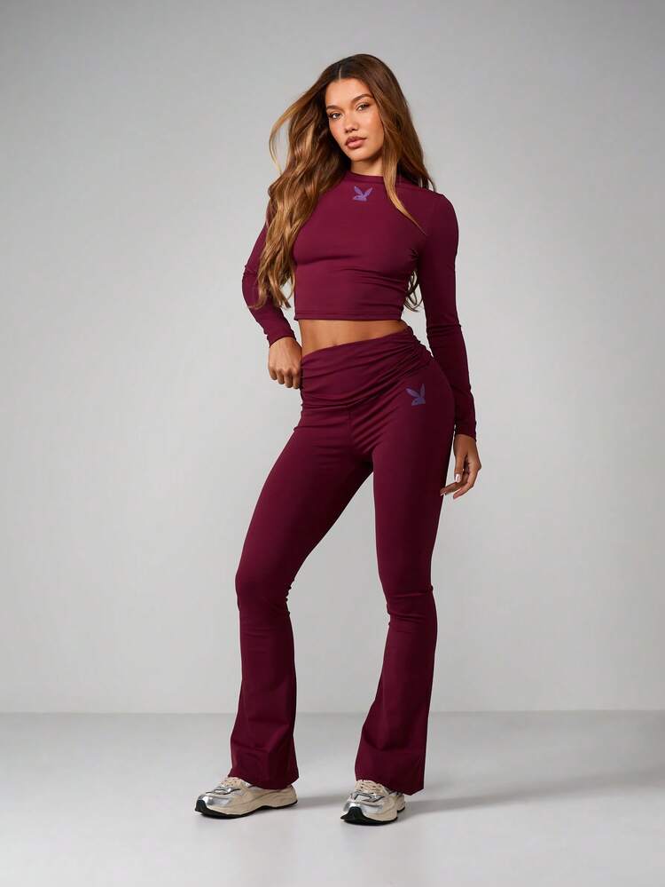 Missguided x Playboy Burgundy Long Sleeve Crop Top And Flare Pant Co-Ord Set With Bunny Logo Print Two Piece Lounge Outfit