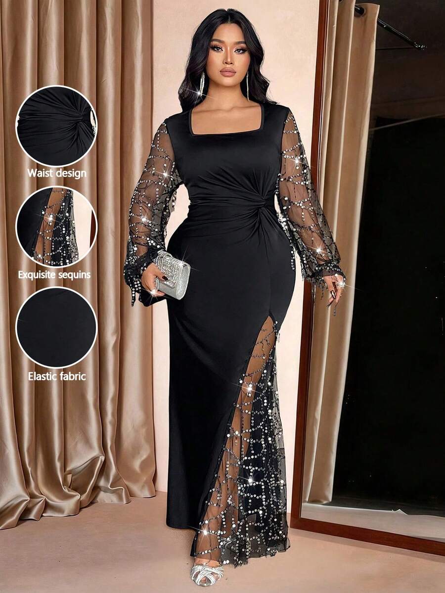 Cravure Plus Size Women's Square Neck Sequin Mesh Splice Dress, Stretchy Elegant Party Long Sleeve High Slit Mermaid Hem Gown, Autumn/Winter - Black - View 1