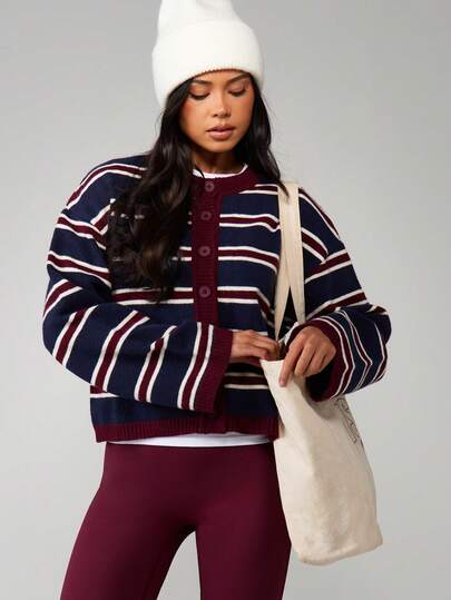 MISSGUIDED Cárdigan de punto con botones y rayas horizontales, con puños y borde acanalado, de manga larga y apertura frontal, prenda esencial para capas en otoño e invierno
