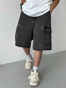 SHEIN Tween Boy Casual Washed Wide Leg Cargo Denim Shorts